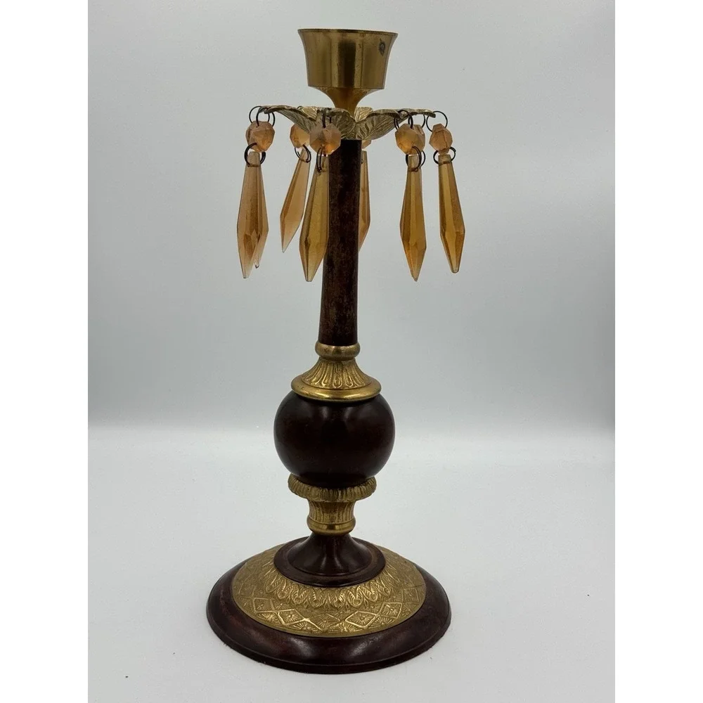 Vintage Heavy Gold Tone & Brown Candle Stick Holder With Orange Acrylic Prisms